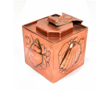 NEWLYN; an Arts and Crafts copper inkwell square form, relief decorated with shells and love heart hinge, impressed marks to 