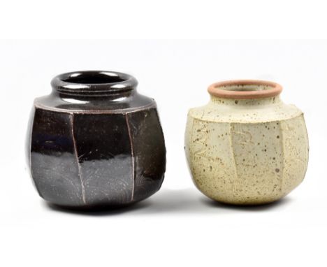 DAVID LLOYD JONES (1928-1994); a stoneware faceted vase covered in tenmoku breaking to kaki glaze with incised decoration, im