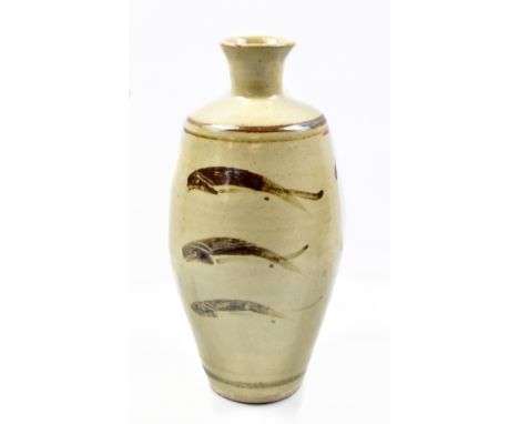 BERNARD LEACH (1887-1979) for Leach Pottery; a stoneware 'leaping salmon' baluster vase, iron brushwork on pale grey ground, 