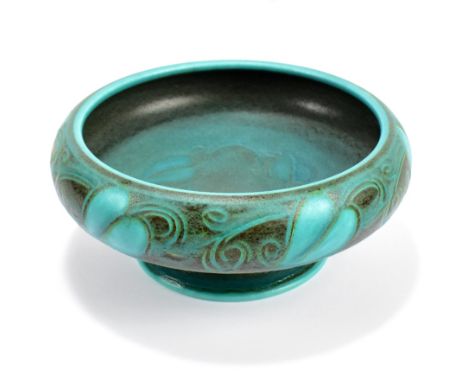 WILLIAM S MYCOCK FOR ROYAL LANCASTRIAN; a pedestal matte finished bowl, with incised decoration depicting Art Nouveau style f
