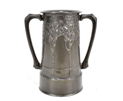 DAVID VEASEY FOR ENGLISH PEWTER; an Arts and Crafts twin-handled loving cup decorated with verse 'For Old Time's Sake', numbe
