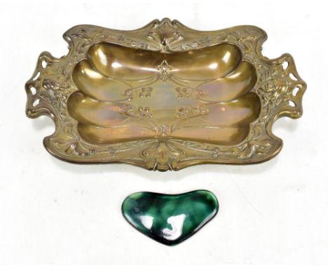 An Art Nouveau green glazed ceramic cabochon in the form of a love heart, possibly Ruskin, length 11.5cm, together with an Ar