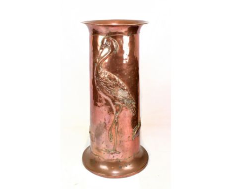 An Arts and Crafts copper stick stand, relief decorated with a heron, a fish, a frog and lily pads, appear unmarked, height 6