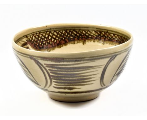 ESIAS BOSCH (1923-2010) for Wenford Bridge Pottery; a stoneware rose bowl, tenmoku and kaki decoration on pale grey ground, i