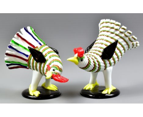 FULVIO BIANCONI FOR VENINI GLASS; 'Gallo e Gallina' or 'Rooster and Hen', a pair of glass sculptures, the base of rooster sig
