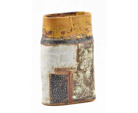 ROBIN WELCH (1936-2019); a large oval stoneware bottle form decorated with blocks of colour, impressed RW mark, height 35.5cm