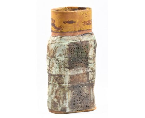 ROBIN WELCH (1936-2019); a tall oval stoneware bottle form decorated with blocks of colour, impressed RW mark, height 40cm. (