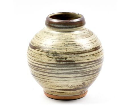 GEOFFREY WHITING (1919-1988) for Avoncroft Pottery; a bulbous stoneware vase, tenmoku brushwork on grey ground, impressed GW 