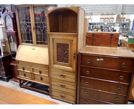 Section of oak wardrobe, shelf, cupboard and three drawers, H: 176 cm, W: 55 cm, L: 46 cm. Not available for in-house P&amp;P