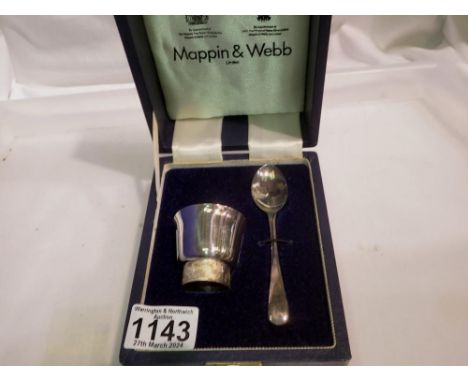 Boxed Mappin &amp; Webb silver plated christening set of egg cup and spoon. UK P&amp;P Group 3 (£30+VAT for the first lot and