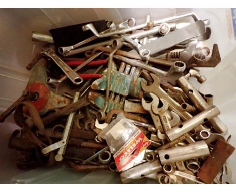 Box of mixed tools to include spanners, vice, etc. Not available for in-house P&amp;P 