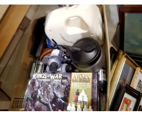 Airbrush and compressor set, with a large quantity of quality model paints, mostly unused. UK P&amp;P Group 2 (£20+VAT for th