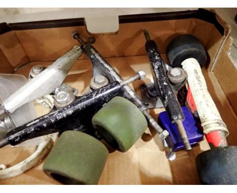 Box of vintage skateboard parts including set of kryptonic wheels (1970s), trucks etc. Not available for in-house P&amp;P 