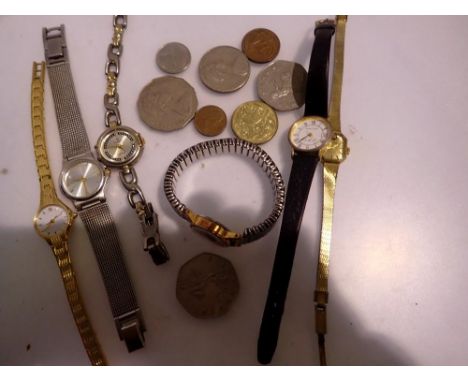 Mixed ladies wristwatches and coins. UK P&amp;P Group 1 (£16+VAT for the first lot and £2+VAT for subsequent lots) 