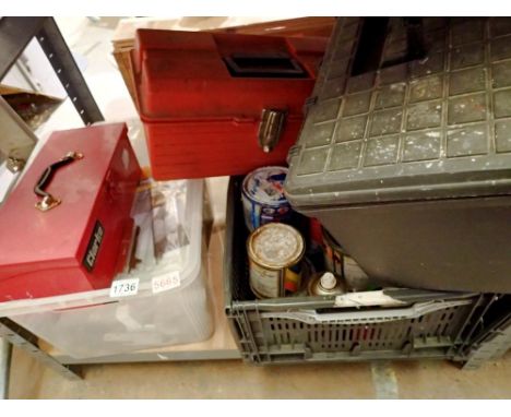 Three tool boxes and two trays with tools and assorted DIY material. Not available for in-house P&amp;P 
