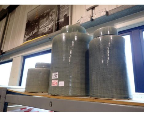 Three mixed sized ceramic 'designer' storage jars, with a celadon glaze. Tallest H: 35cm. Not available for in-house P&amp;P 
