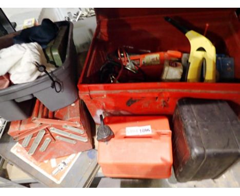 Two metal tool chests containing petrol cans, tools, trolley jack, Karcher. Not available for in-house P&amp;P 