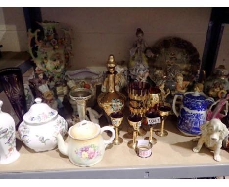 Shelf of mixed ceramics and glass. Not available for in-house P&amp;P 