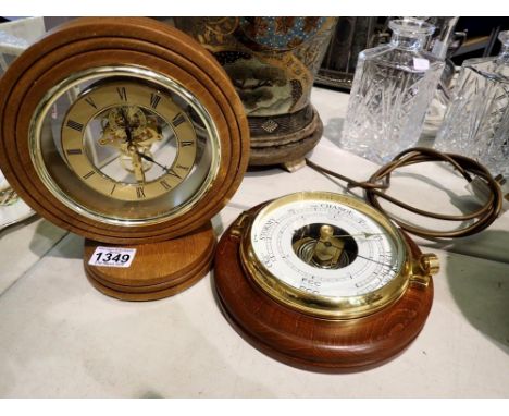 Wooden cased skeleton clock and a brass barometer. Not available for in-house P&amp;P 