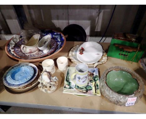 Shelf of mixed ceramics to include plates etc. Not available for in-house P&amp;P 