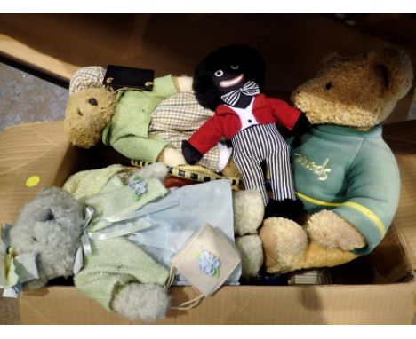 Box containing vintage toys, dolls and teddies including Harrods teddy and a golly. Not available for in-house P&amp;P 