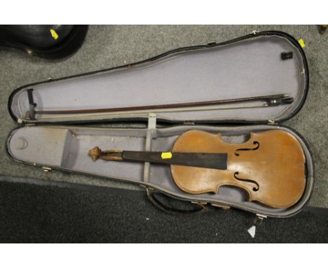 A CASED VINTAGE VIOLIN AND BOW A/F 