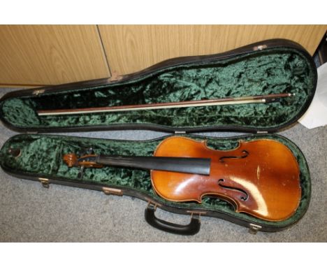 A CASED VINTAGE VIOLIN AND BOW A/F