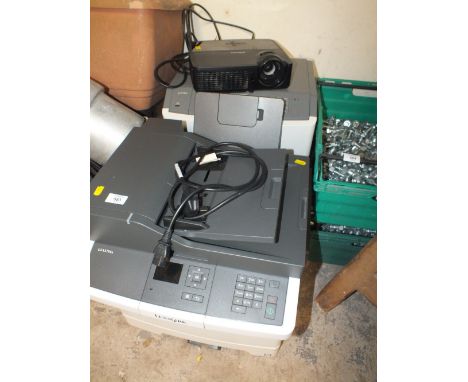 A LARGE LEXMARK PRINTER/SCANNER PLUS ANOTHER TOGETHER WITH A PROJECTOR