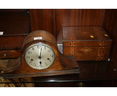 A NAPOLEON HAT MANTLE CLOCK PLUS  A VINTAGE INLAID WRITING SLOPE/ STATIONARY BOX 