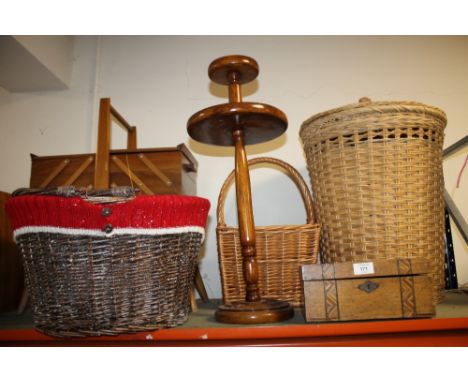 A VINTAGE FOLD OUT SEWING BOX AND CONTENTS TOGETHER WITH AN INLAID TRINKET BOX, PLANT STAND AND THREE WICKER ITEMS (6)