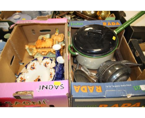 A TRAY OF METALWARE TO INCLUDE A SILVER PLATED 3 PIECE TEA SERVICE TOGETHER WITH A SMALL QUANTITY OF CERAMICS TO INCLUDE SHEL