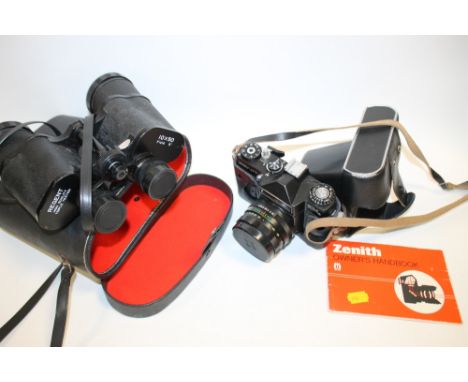 A CASED PAIR OF REGENT BINOCULARS TOGETHER WITH A VINTAGE ZENITH CAMERA AND HANDBOOK