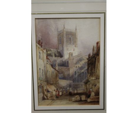 A VINTAGE WATERCOLOUR OF A STREET SCENE WITH CHURCH 