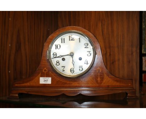 A VINTAGE INLAID MAHOGANY NAPOLEON HAT MANTLE CLOCK