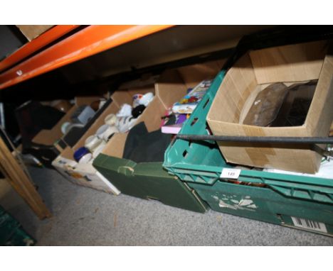 FIVE TRAYS OF ASSORTED SUNDRIES TO INCLUDE TOOLS, MUGS, SHEET MUSIC ETC. 