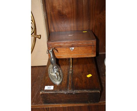 AN OAK CUTLERY BOX AND CONTENTS TOGETHER WITH AN INLAID TRINKET BOX AND A WHITE METAL STAG SHAPED DESK BAROMETER 