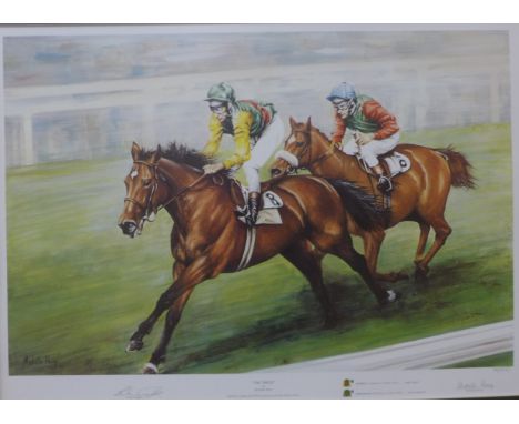A signed Michelle Perry limited edition horse racing print, The Triple, signed by Lester Piggott and by the artist, no. 36/50