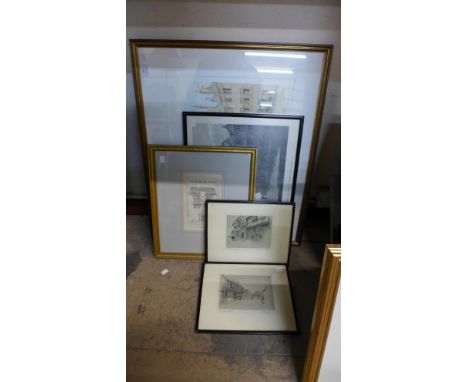 Two prints of Oriel College, a pair of Cecil Aldin prints and an architectural print 