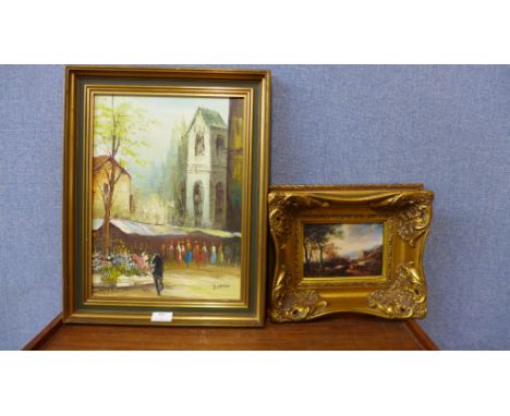 * Dupree, Parisian street scene, oil on canvas and oleograph 