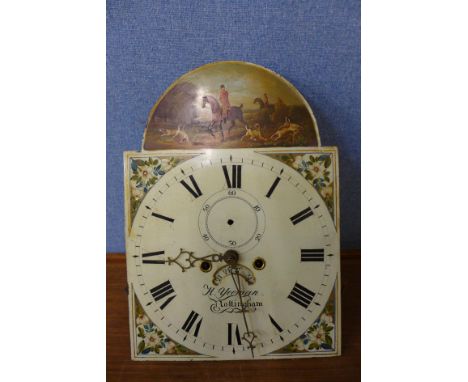 A 19th Century 8-day longcase clock movement and dial, painted with fox hunting scene, signed H. Yeoman, Nottingham 