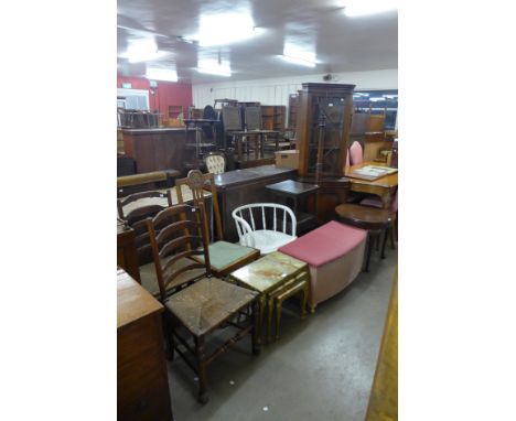 A mahogany freestanding corner cabinet, a pair of chairs, an armchair, standard lamp, etc. (7) 