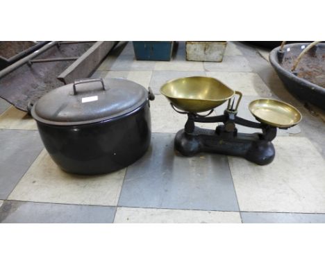 A Judge Brand enamelled cooking pot and a set of vintage scales 