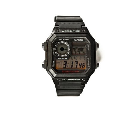 GENTLEMAN'S CASIO AE1200 WRIST WATCH
with digital dial and world time, on a black plastic strap