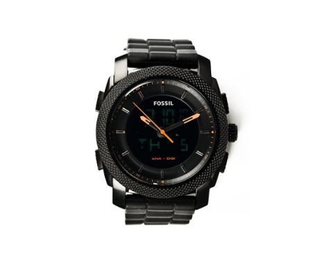 GENTLEMAN'S FOSSIL ANA-DIGI WRIST WATCH
with both analogue and digital dials, the hands in orange, in a black coloured stainl