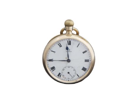 An 18 carat gold openface pocket watch by Omega, the circular white ceramic dial with Roman numerals, subsidiary seconds, sap