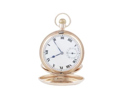An 9 carat gold full hunter pocketwatch by Rolex, circa 1932, the circular white ceramic dial with black Roman numerals and s