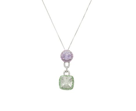 A gem-set pendant and earrings, the pendant composed of a cushion-cut prasiolite to a surround of circular-cut tsavorites sur