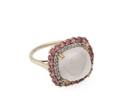 A 9 carat gold gem-set ring, the cushion shaped rose quartz cabochon to a surround of circular-cut pink tourmaline, ring size