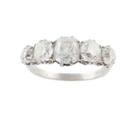 A diamond five-stone ring, composed of graduated old cushion-cut and old round brilliant-cut diamonds within an openwork gall