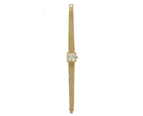 A Lady's 18 carat gold wristwatch by Jaeger LeCoultre, automatic, square dial, baton indexes, dial, movement, crown signed, S